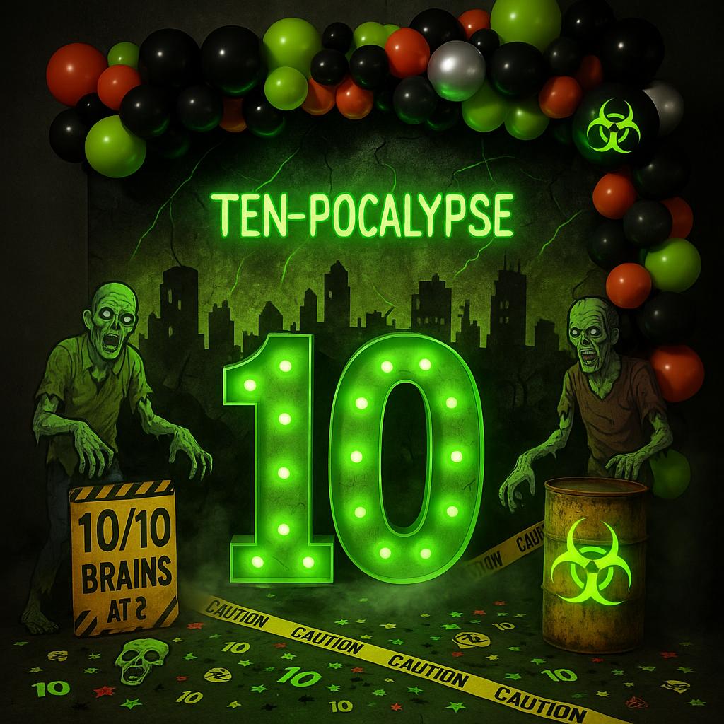 Number 10 balloon display with "10-Pocalypse" sign