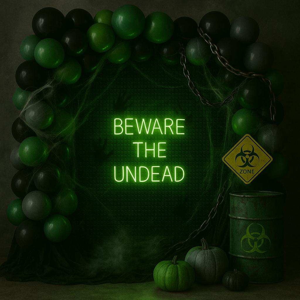 Spooky Halloween balloon display with "Beware the Undead" sign