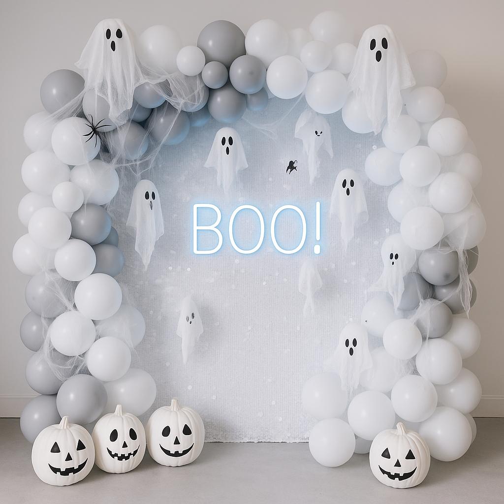 Halloween balloon display with spooky "Boo" sign