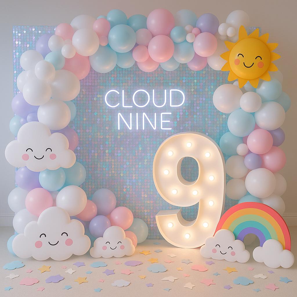Number 9 balloon display with "Cloud Nine" sign