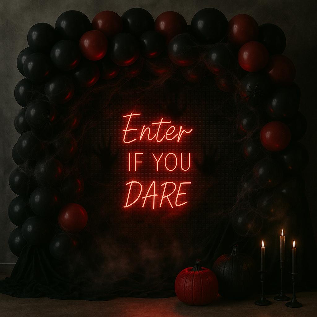Creepy Halloween balloon display with "Enter If You Dare" sign