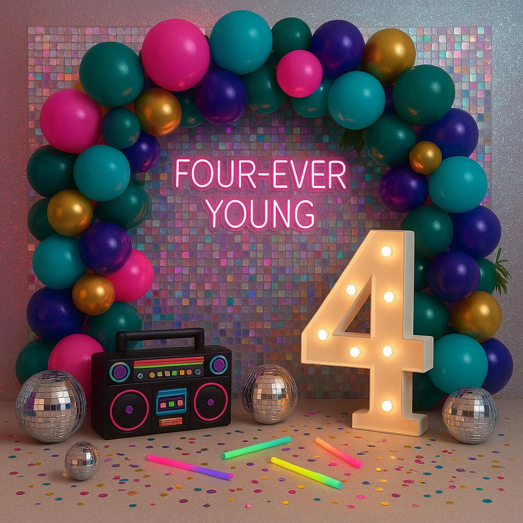 Number 4 balloon display with "Four Ever Young" sign