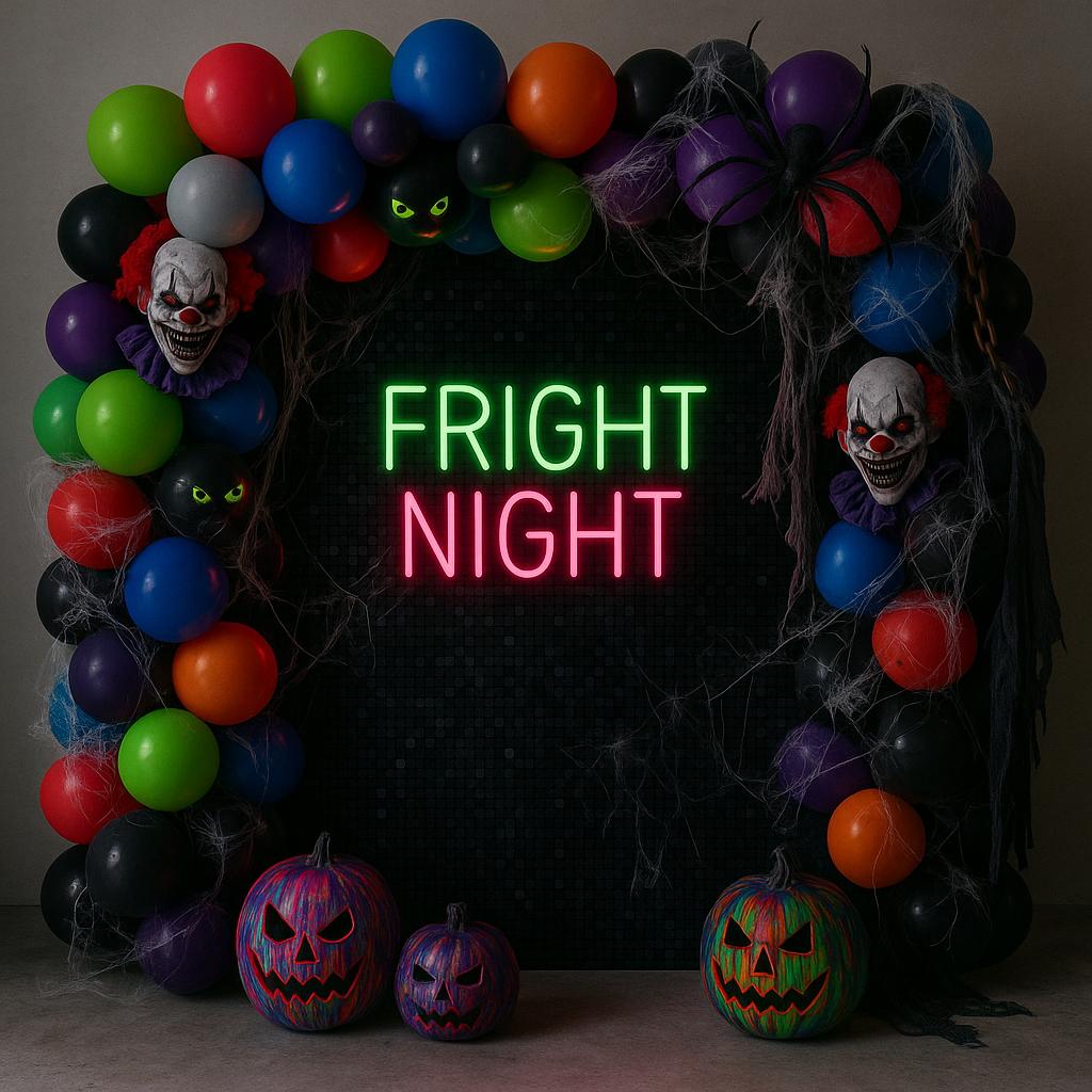 Spooky Halloween balloon display with "Fright Night" sign