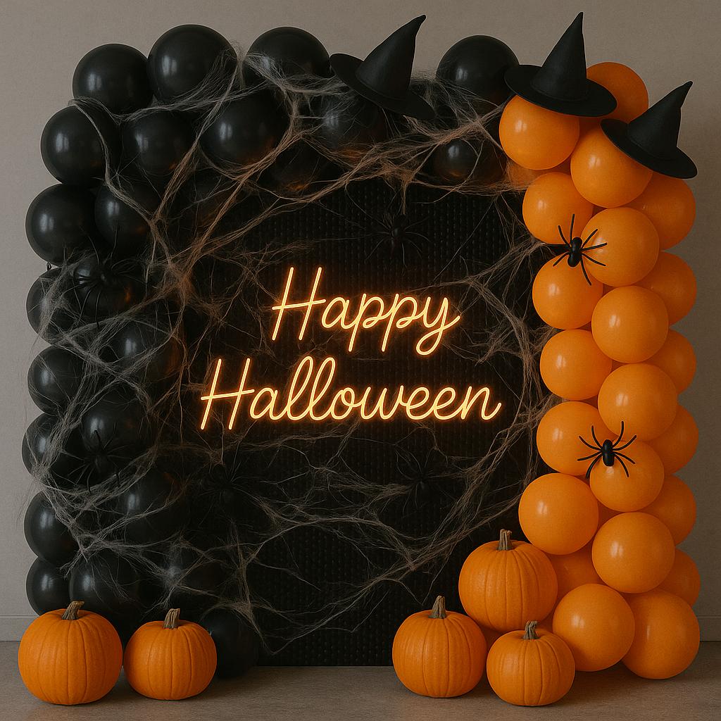 Halloween balloon display in black and orange theme
