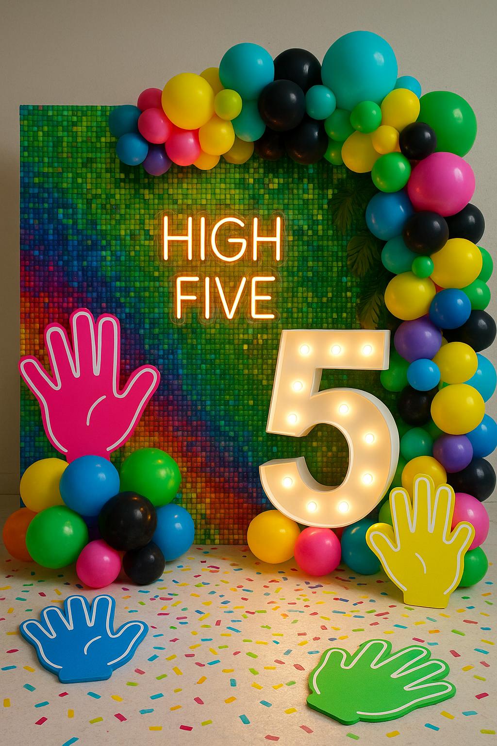 Number 5 balloon display with "High Fve" sign