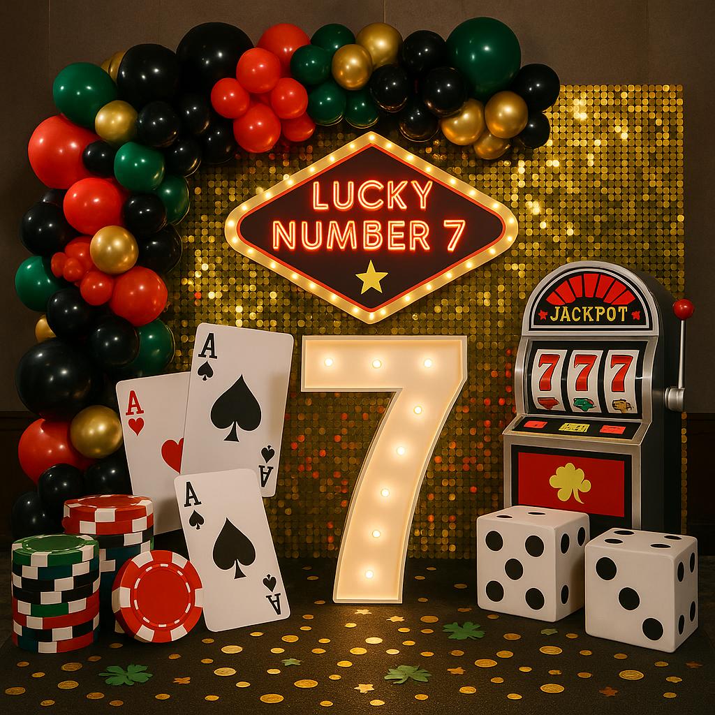 Number 7 balloon display with "Lucky Number Seven" sign