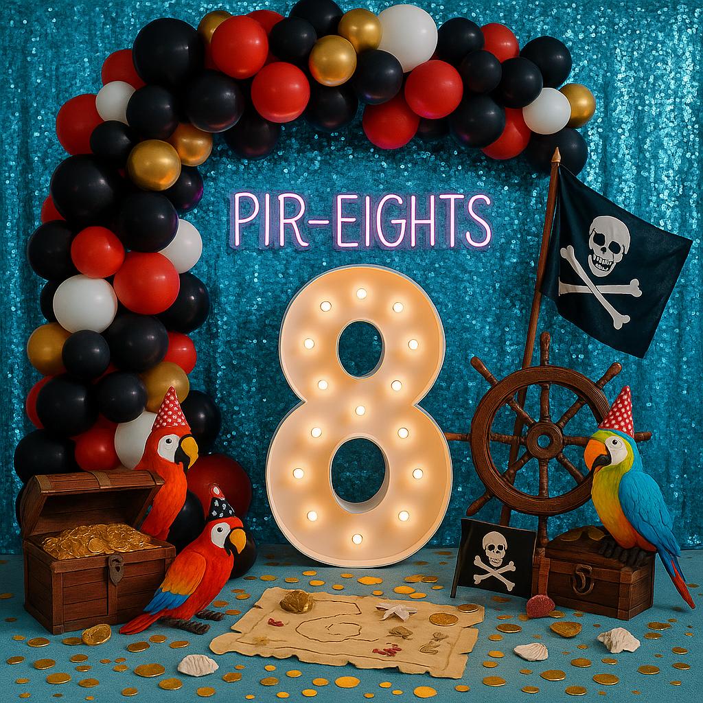 Number 8 balloon display with "Pir-Eights" sign