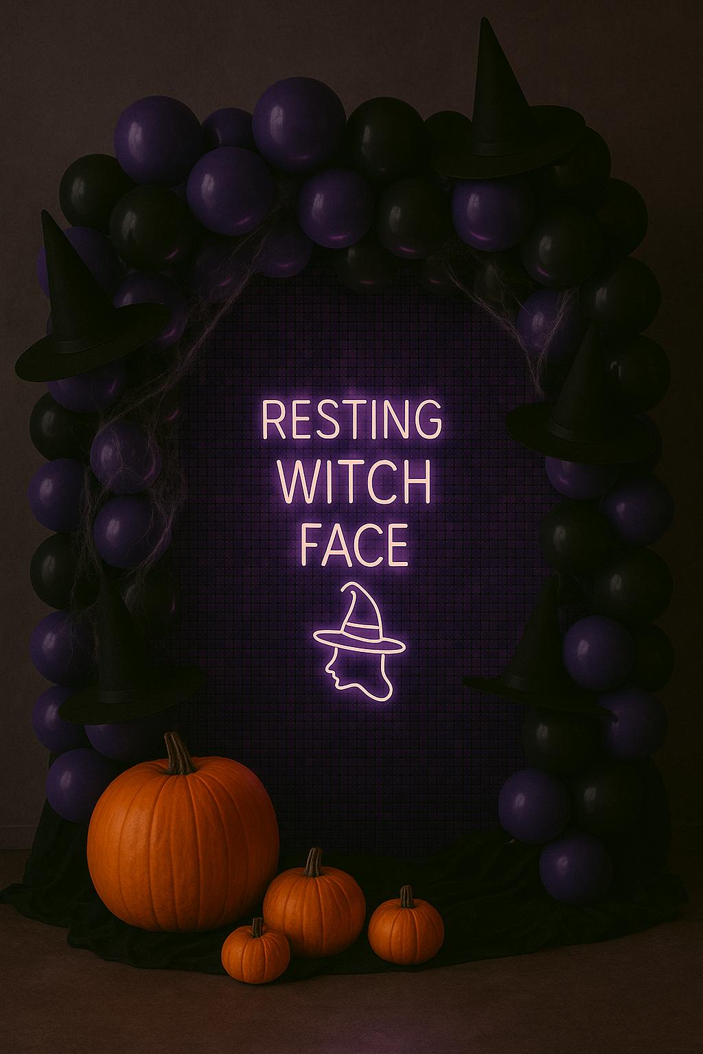 Humorous Halloween balloon display with "Resting Witch Face" sign