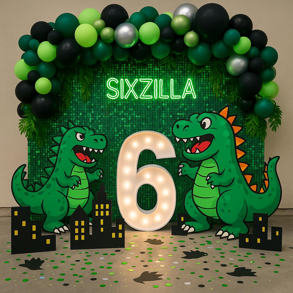 Number 6 balloon display with "Sixziller" sign