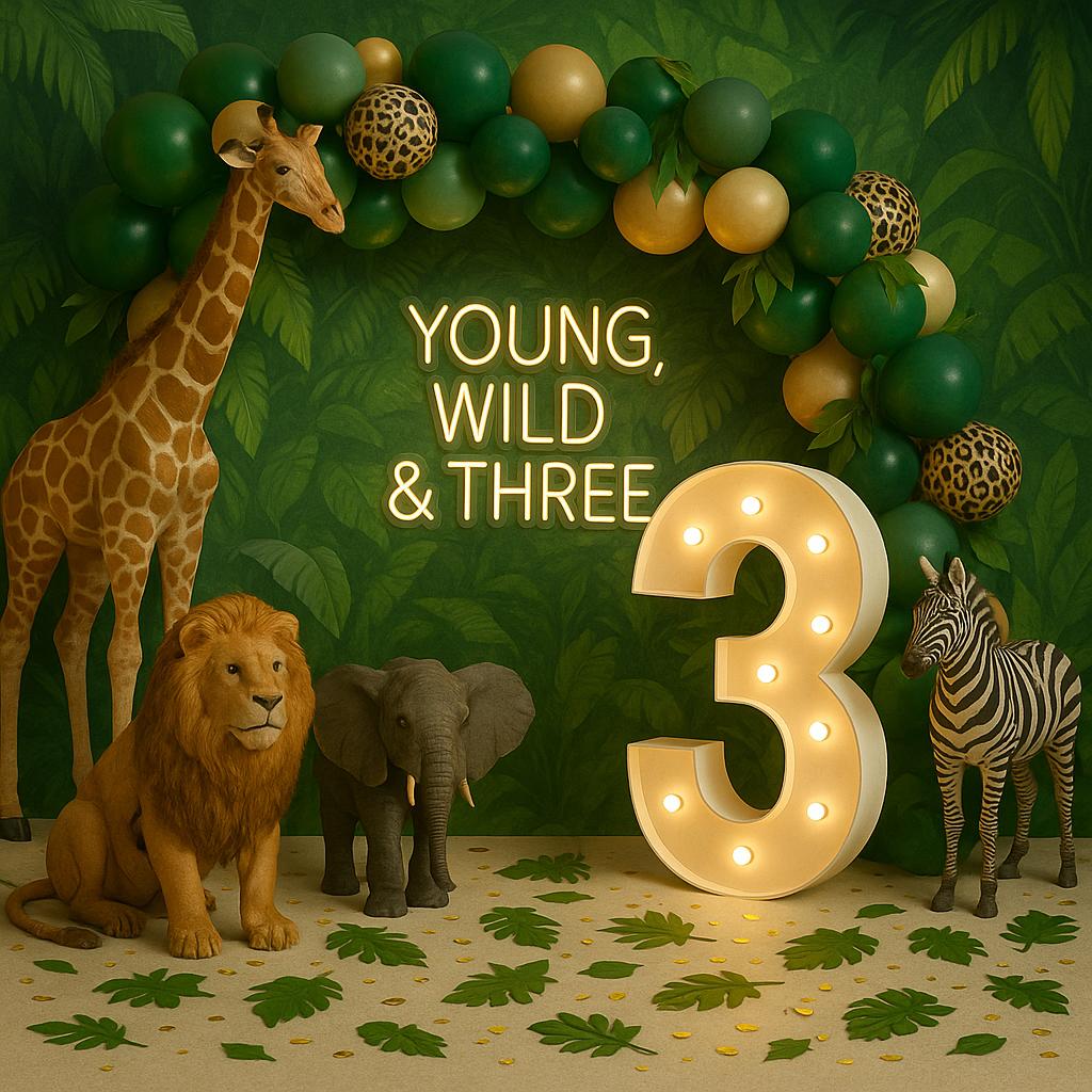 Number 3 balloon display with "Young, Wild & Three" sign